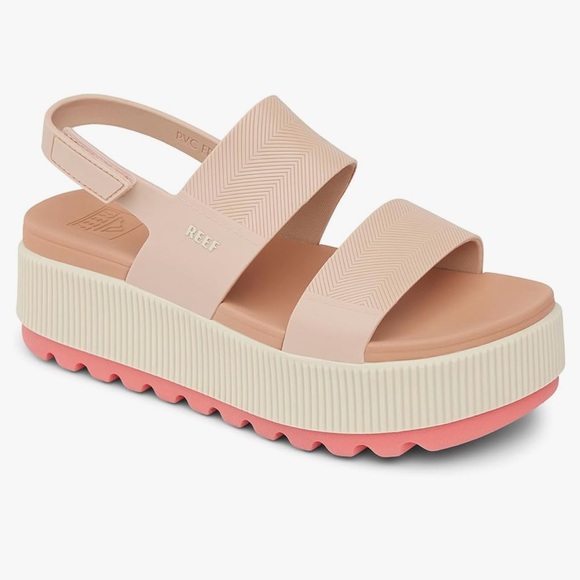 Reef Cream & Pink Platform Sandals Adjustable Heel Strap, Waterproof, Nearly New - Picture 3 of 3